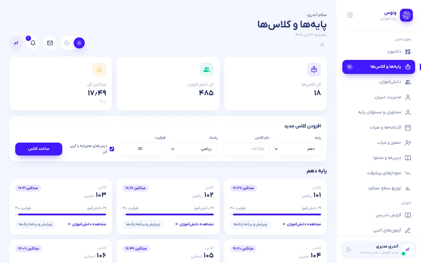 پایهها و کلاسها — برای هر کلاس یک کارت با میانگین و ظرفیت